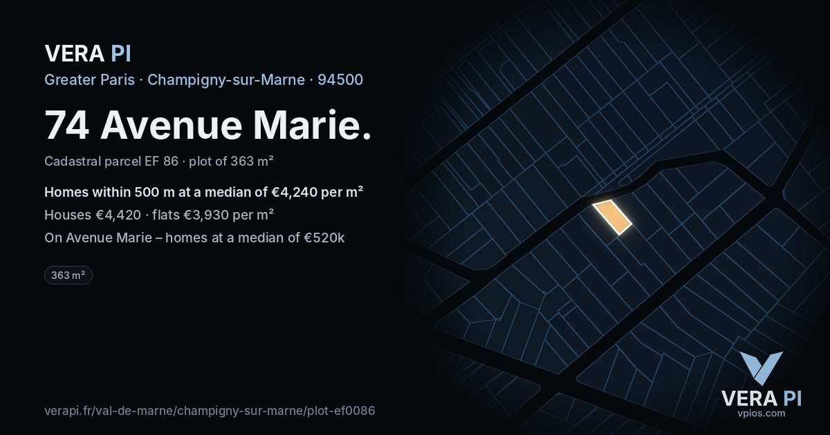 74 Avenue Marie, Champigny-sur-Marne at night – the plot lit, the parcels around coloured by the prices near them