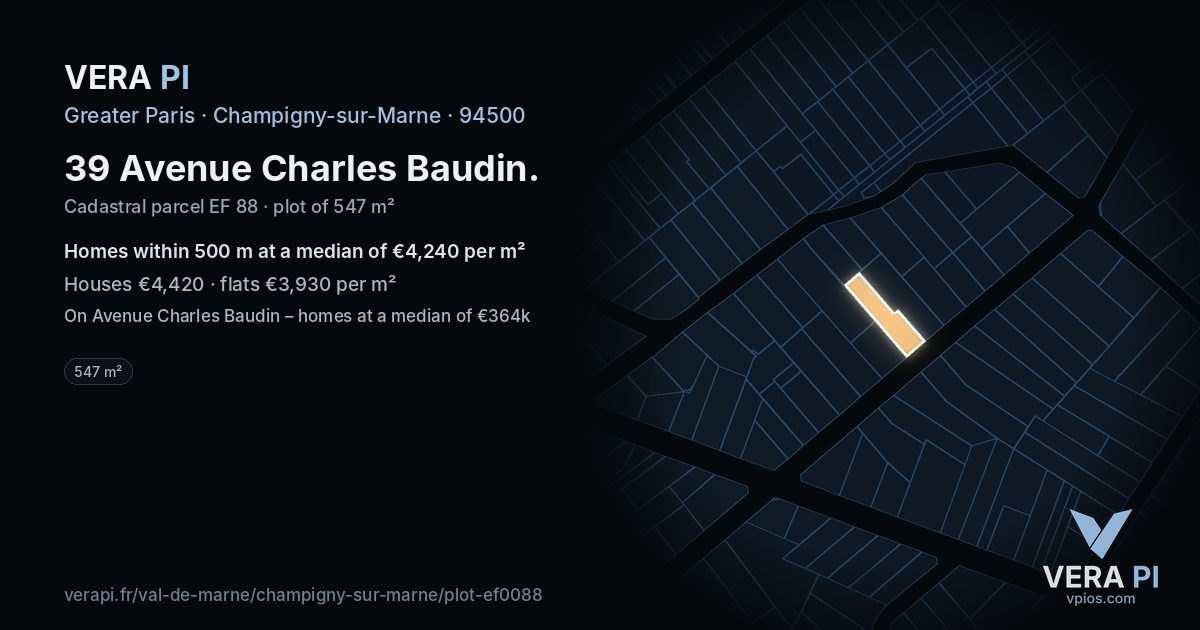 39 Avenue Charles Baudin, Champigny-sur-Marne at night – the plot lit, the parcels around coloured by the prices near them