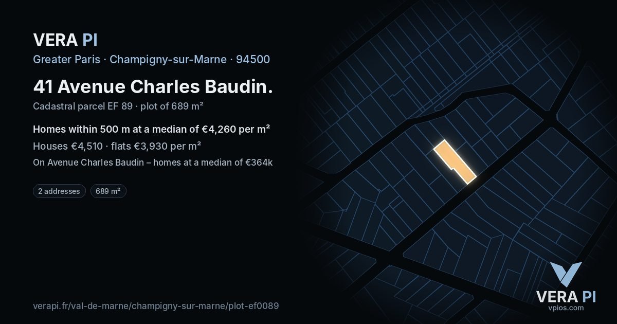 41 Avenue Charles Baudin, Champigny-sur-Marne at night – the plot lit, the parcels around coloured by the prices near them