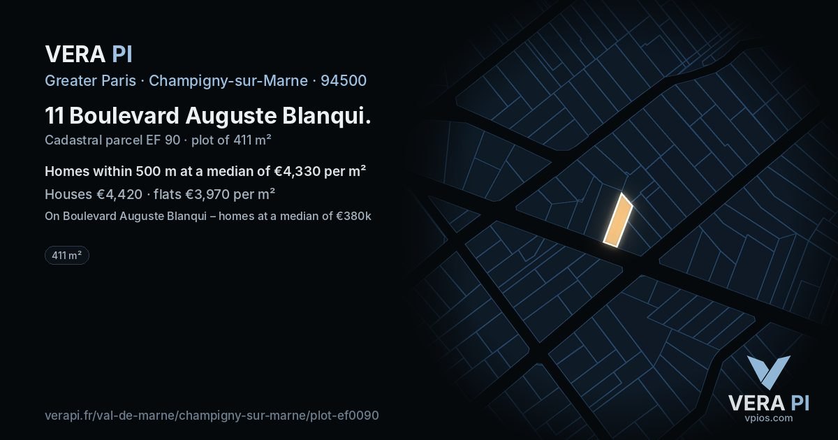 11 Boulevard Auguste Blanqui, Champigny-sur-Marne at night – the plot lit, the parcels around coloured by the prices near them