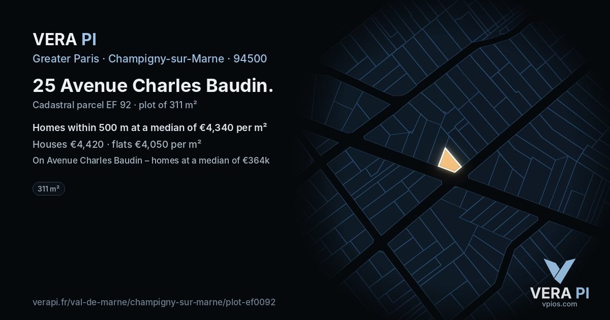 25 Avenue Charles Baudin, Champigny-sur-Marne at night – the plot lit, the parcels around coloured by the prices near them
