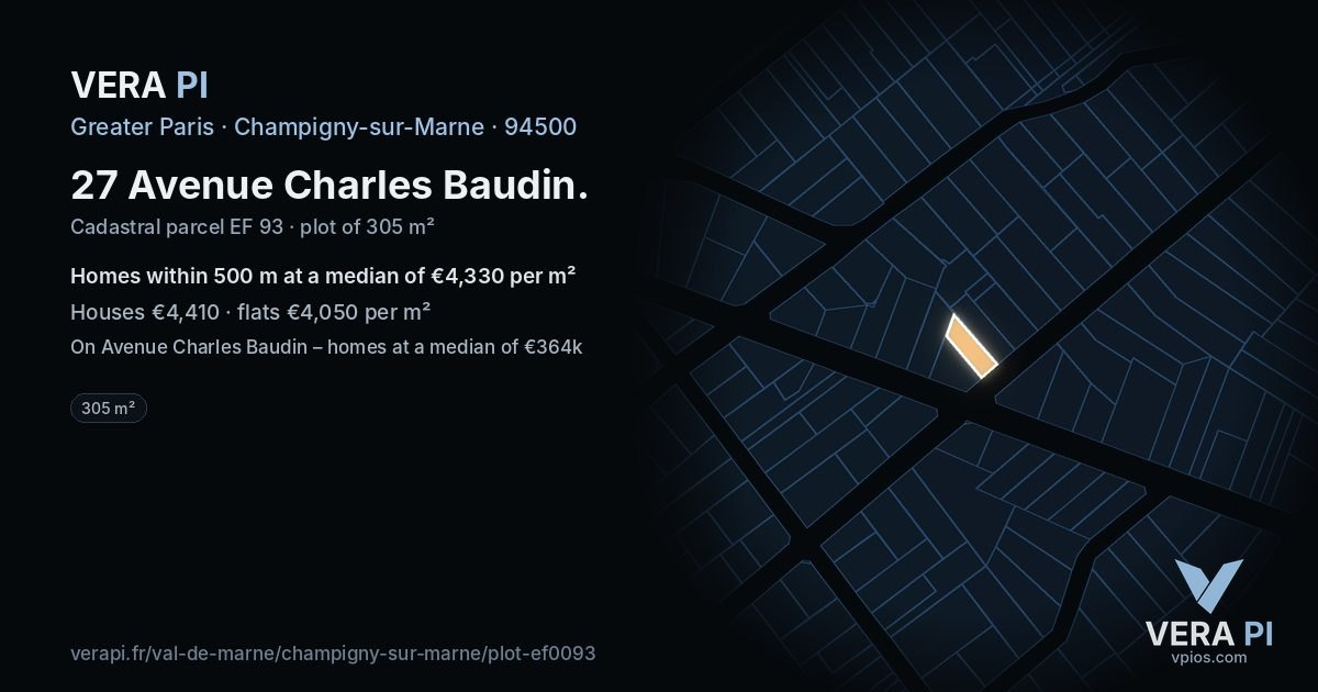 27 Avenue Charles Baudin, Champigny-sur-Marne at night – the plot lit, the parcels around coloured by the prices near them
