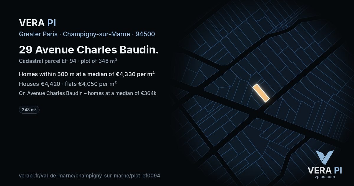 29 Avenue Charles Baudin, Champigny-sur-Marne at night – the plot lit, the parcels around coloured by the prices near them
