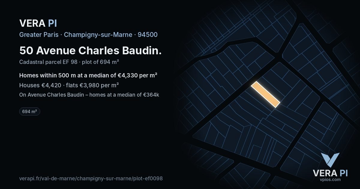 50 Avenue Charles Baudin, Champigny-sur-Marne at night – the plot lit, the parcels around coloured by the prices near them