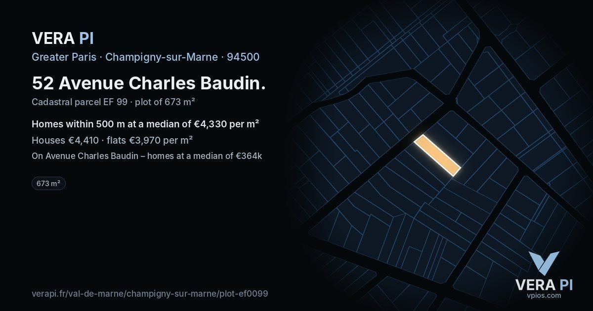 52 Avenue Charles Baudin, Champigny-sur-Marne at night – the plot lit, the parcels around coloured by the prices near them