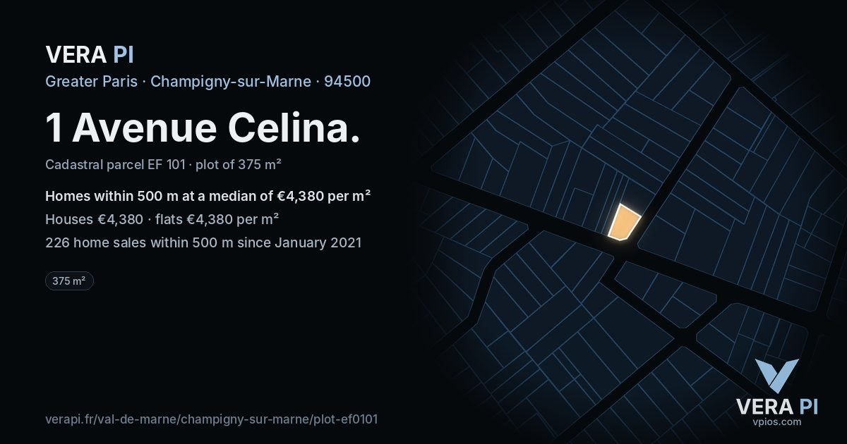 1 Avenue Celina, Champigny-sur-Marne at night – the plot lit, the parcels around coloured by the prices near them
