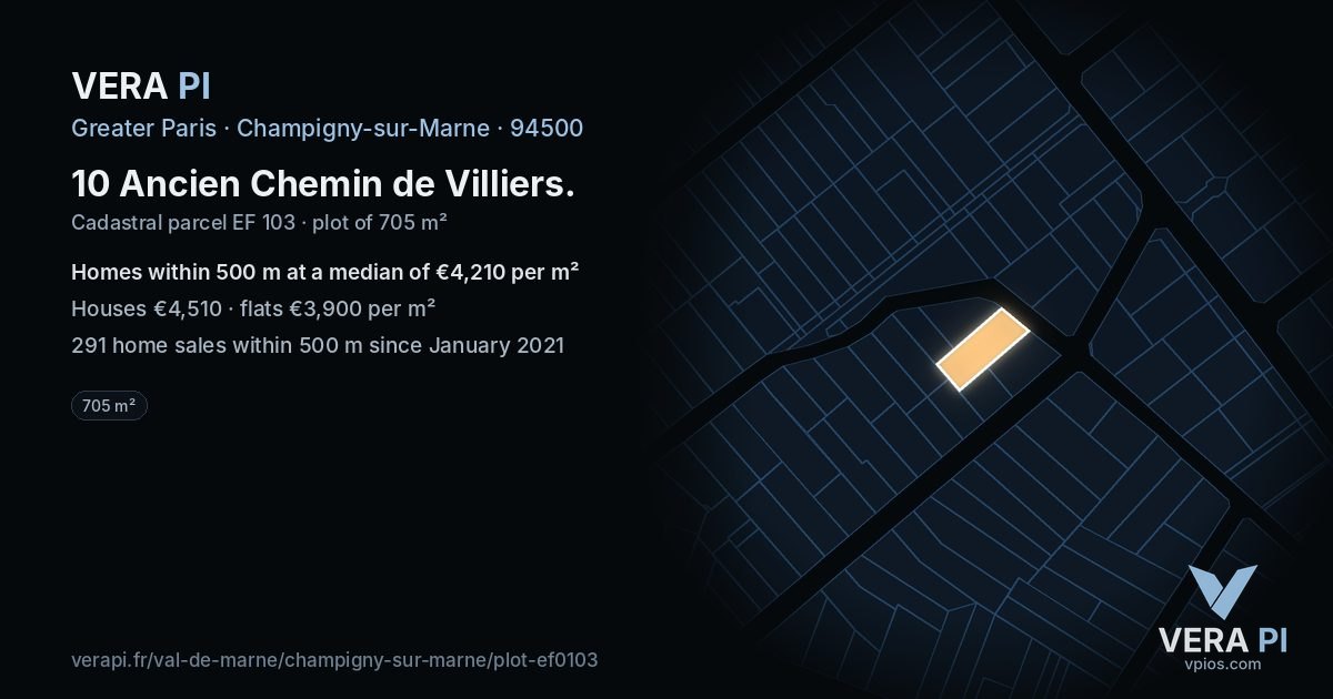 10 Ancien Chemin de Villiers, Champigny-sur-Marne at night – the plot lit, the parcels around coloured by the prices near them