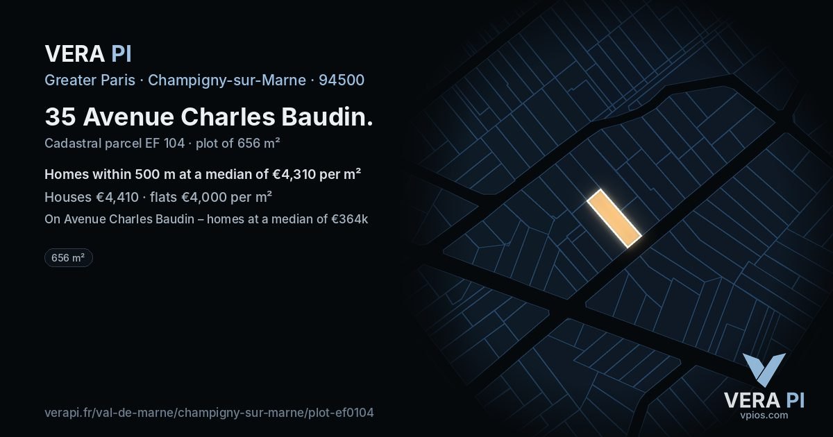 35 Avenue Charles Baudin, Champigny-sur-Marne at night – the plot lit, the parcels around coloured by the prices near them