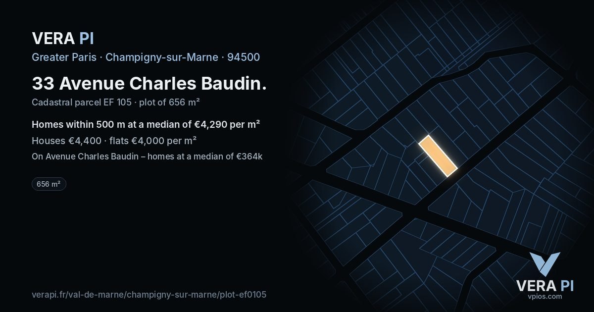 33 Avenue Charles Baudin, Champigny-sur-Marne at night – the plot lit, the parcels around coloured by the prices near them