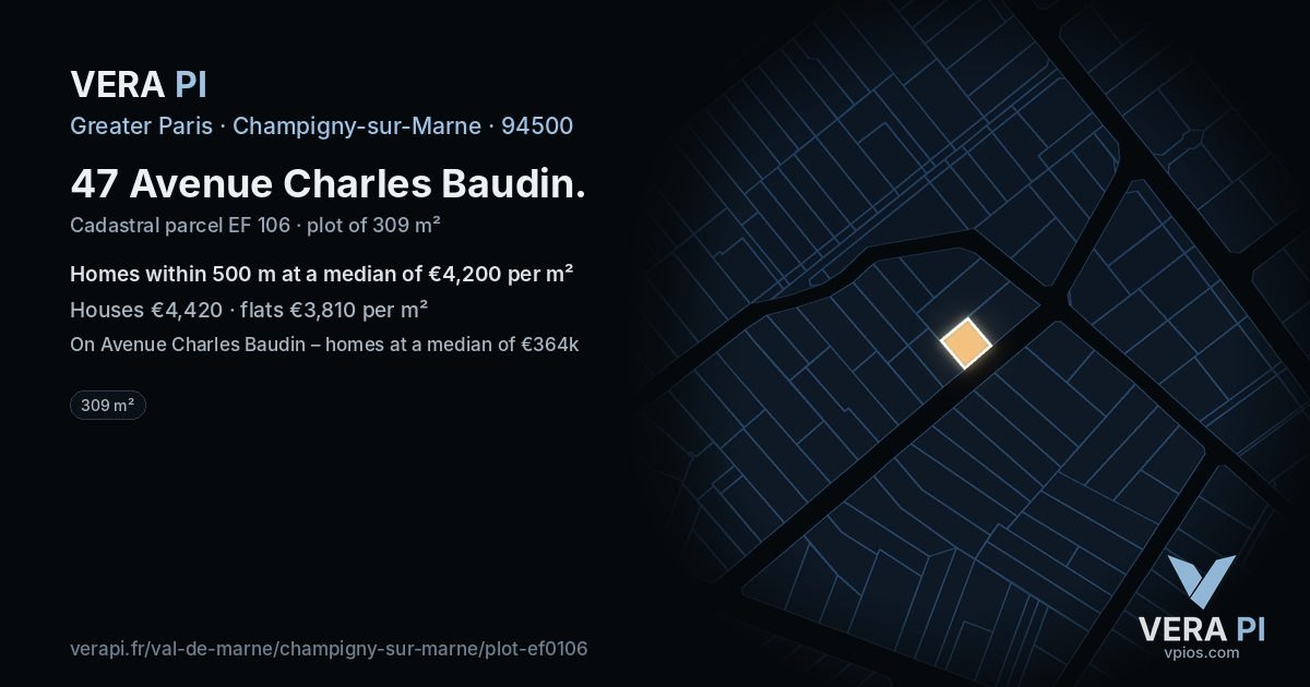47 Avenue Charles Baudin, Champigny-sur-Marne at night – the plot lit, the parcels around coloured by the prices near them