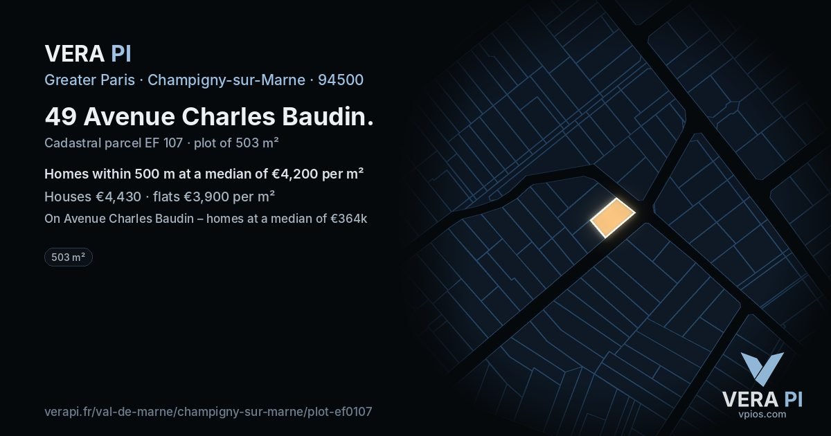 49 Avenue Charles Baudin, Champigny-sur-Marne at night – the plot lit, the parcels around coloured by the prices near them