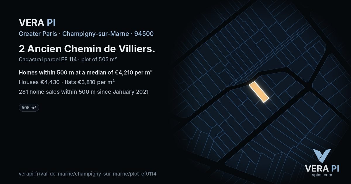 2 Ancien Chemin de Villiers, Champigny-sur-Marne at night – the plot lit, the parcels around coloured by the prices near them
