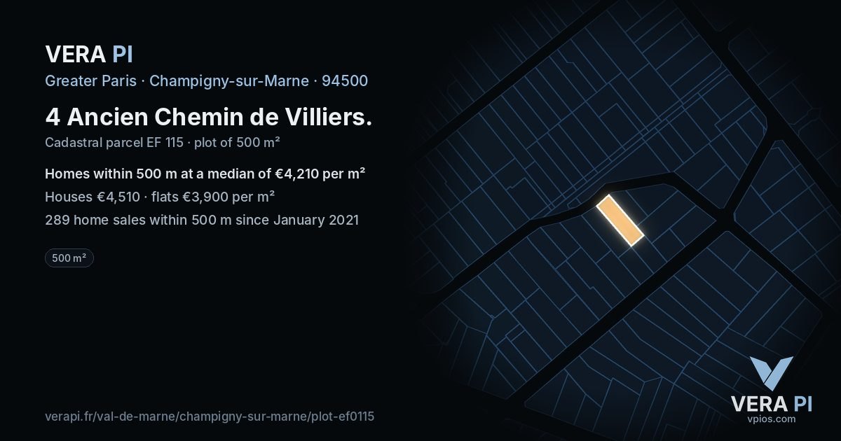 4 Ancien Chemin de Villiers, Champigny-sur-Marne at night – the plot lit, the parcels around coloured by the prices near them