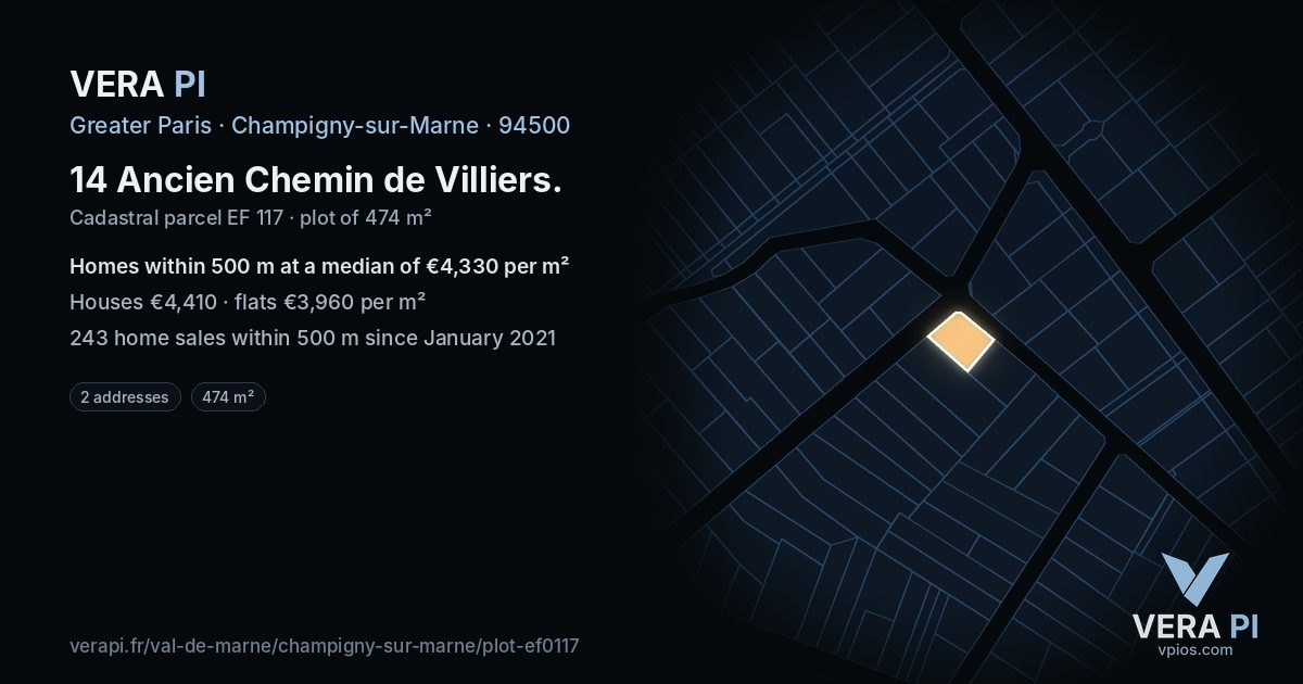 14 Ancien Chemin de Villiers, Champigny-sur-Marne at night – the plot lit, the parcels around coloured by the prices near them