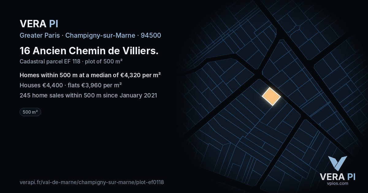 16 Ancien Chemin de Villiers, Champigny-sur-Marne at night – the plot lit, the parcels around coloured by the prices near them