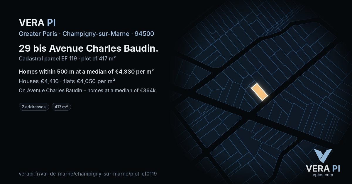 29 bis Avenue Charles Baudin, Champigny-sur-Marne at night – the plot lit, the parcels around coloured by the prices near them