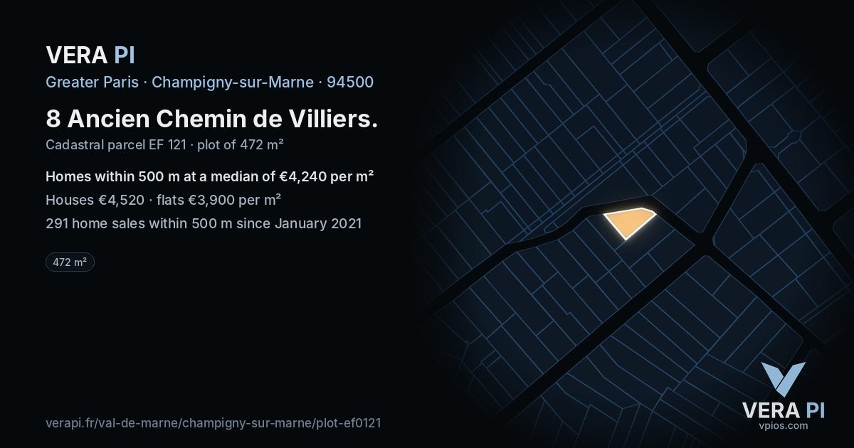 8 Ancien Chemin de Villiers, Champigny-sur-Marne at night – the plot lit, the parcels around coloured by the prices near them