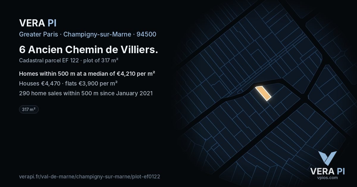 6 Ancien Chemin de Villiers, Champigny-sur-Marne at night – the plot lit, the parcels around coloured by the prices near them