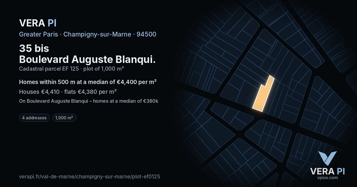 35 bis Boulevard Auguste Blanqui, Champigny-sur-Marne at night – the plot lit, the parcels around coloured by the prices near them