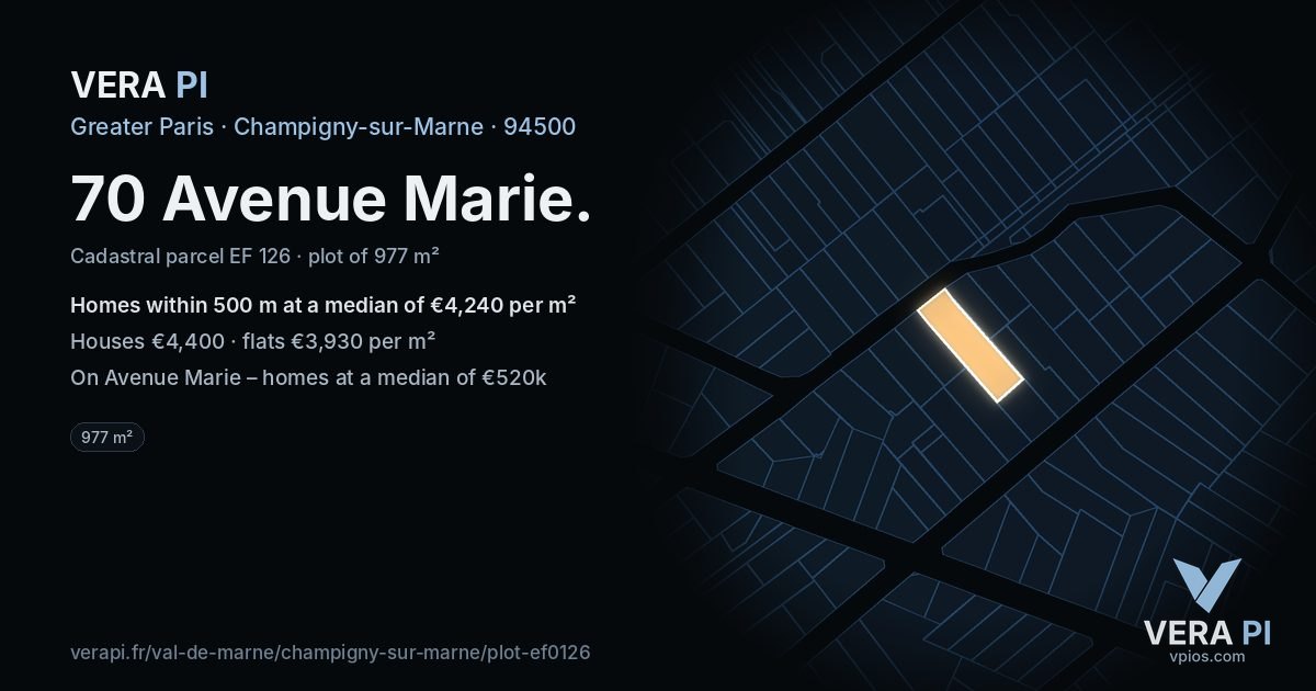 70 Avenue Marie, Champigny-sur-Marne at night – the plot lit, the parcels around coloured by the prices near them