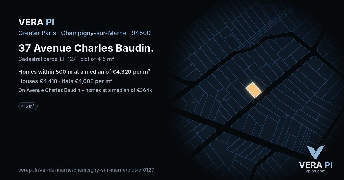 37 Avenue Charles Baudin, Champigny-sur-Marne at night – the plot lit, the parcels around coloured by the prices near them