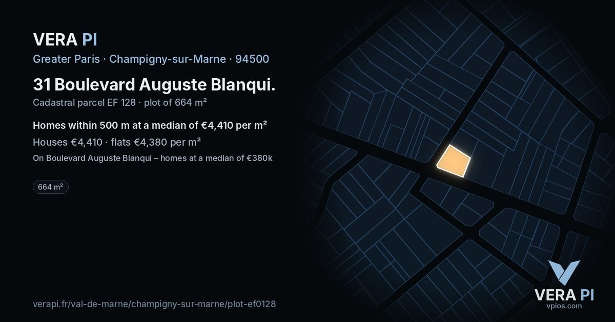 31 Boulevard Auguste Blanqui, Champigny-sur-Marne at night – the plot lit, the parcels around coloured by the prices near them