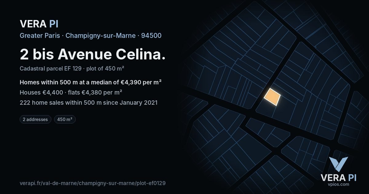 2 bis Avenue Celina, Champigny-sur-Marne at night – the plot lit, the parcels around coloured by the prices near them
