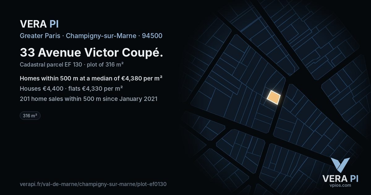 33 Avenue Victor Coupé, Champigny-sur-Marne at night – the plot lit, the parcels around coloured by the prices near them
