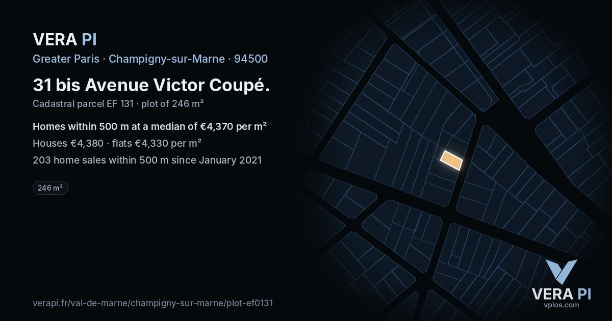 31 bis Avenue Victor Coupé, Champigny-sur-Marne at night – the plot lit, the parcels around coloured by the prices near them