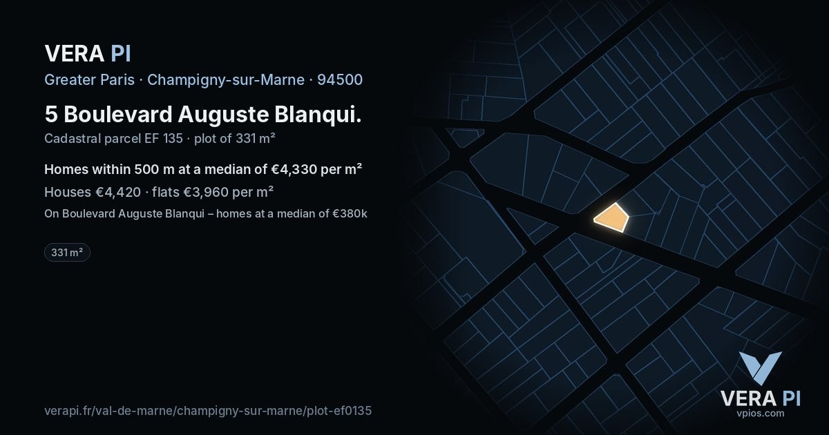 5 Boulevard Auguste Blanqui, Champigny-sur-Marne at night – the plot lit, the parcels around coloured by the prices near them
