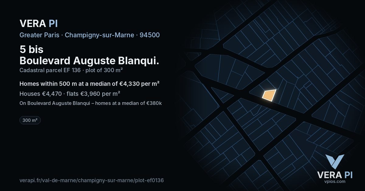5 bis Boulevard Auguste Blanqui, Champigny-sur-Marne at night – the plot lit, the parcels around coloured by the prices near them