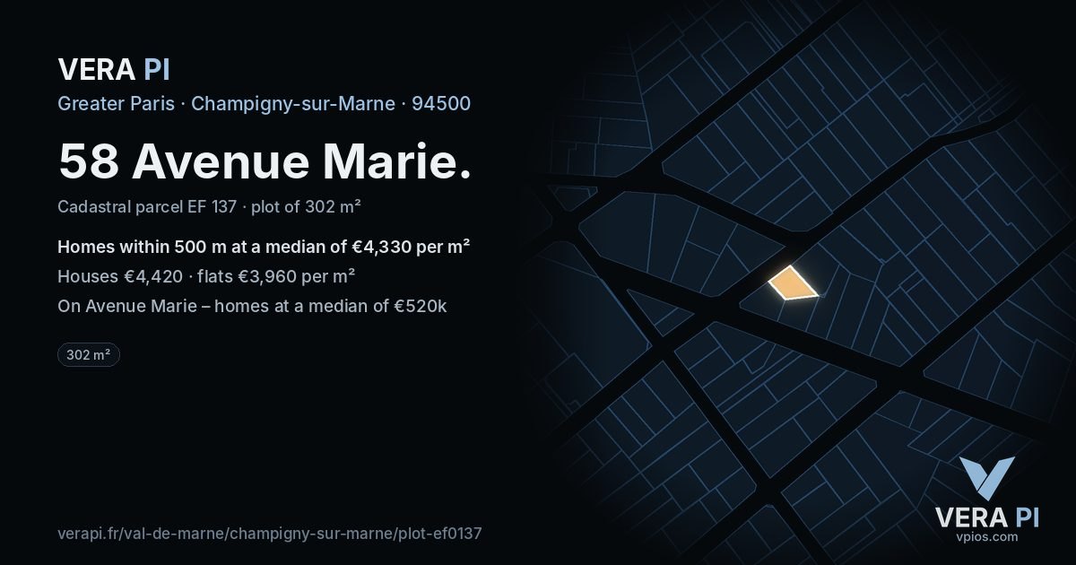 58 Avenue Marie, Champigny-sur-Marne at night – the plot lit, the parcels around coloured by the prices near them