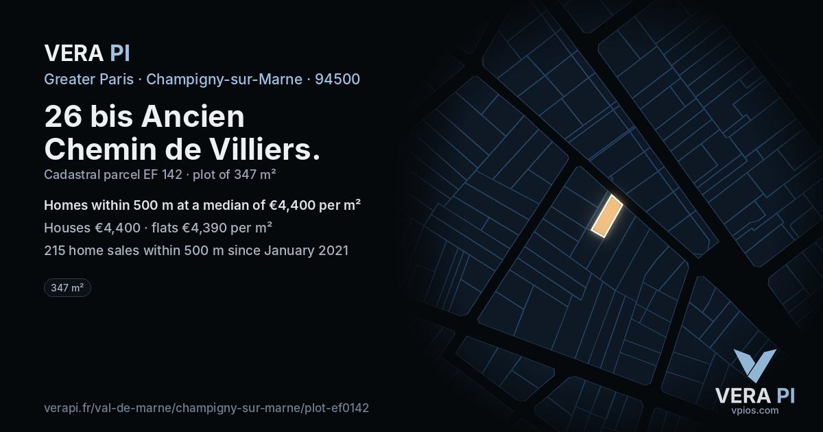 26 bis Ancien Chemin de Villiers, Champigny-sur-Marne at night – the plot lit, the parcels around coloured by the prices near them