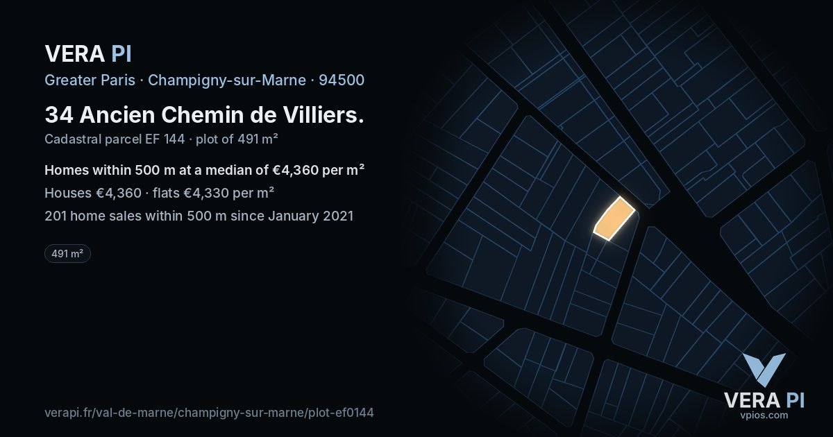 34 Ancien Chemin de Villiers, Champigny-sur-Marne at night – the plot lit, the parcels around coloured by the prices near them
