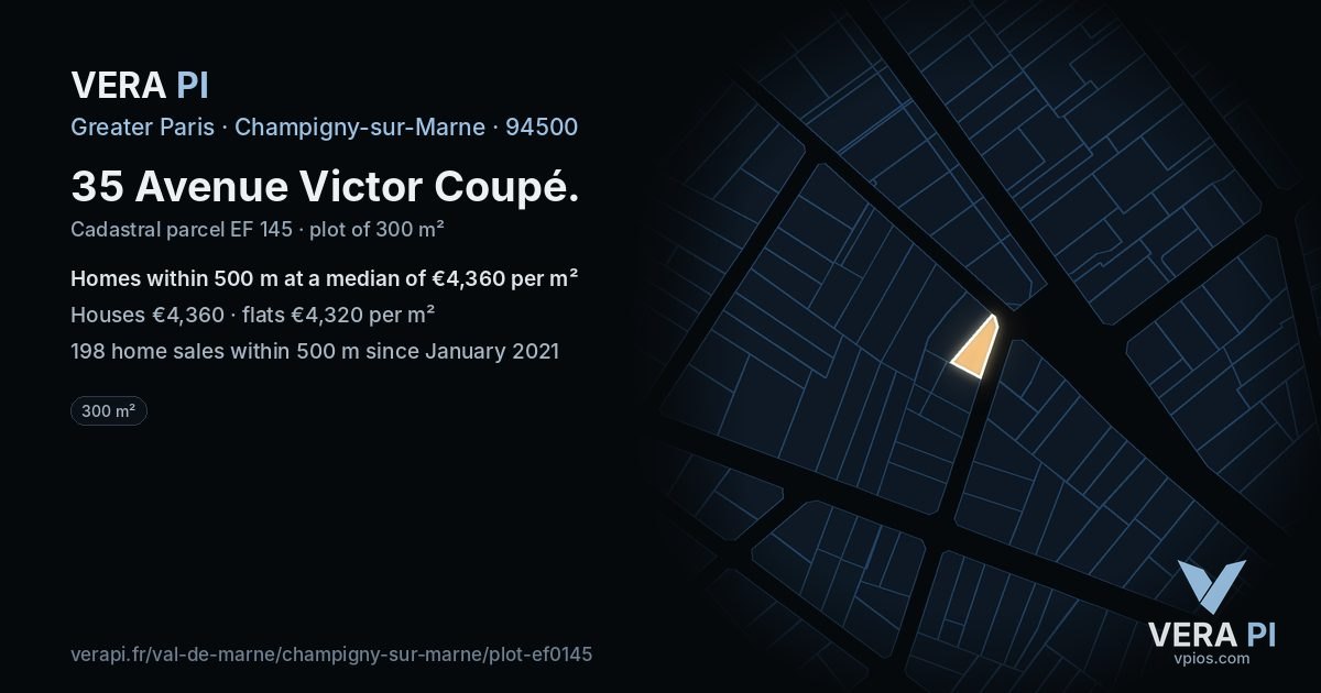 35 Avenue Victor Coupé, Champigny-sur-Marne at night – the plot lit, the parcels around coloured by the prices near them