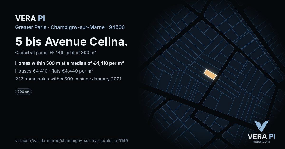 5 bis Avenue Celina, Champigny-sur-Marne at night – the plot lit, the parcels around coloured by the prices near them
