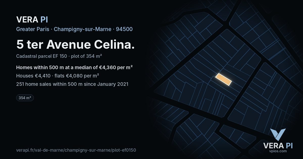5 ter Avenue Celina, Champigny-sur-Marne at night – the plot lit, the parcels around coloured by the prices near them