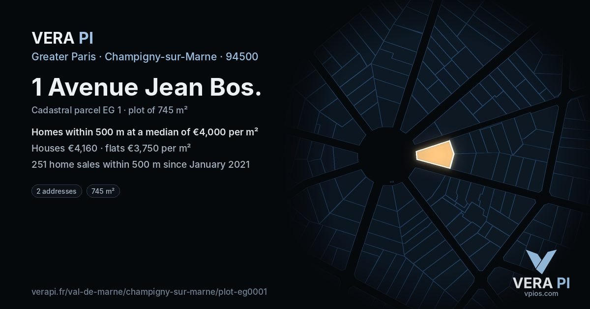 1 Avenue Jean Bos, Champigny-sur-Marne at night – the plot lit, the parcels around coloured by the prices near them