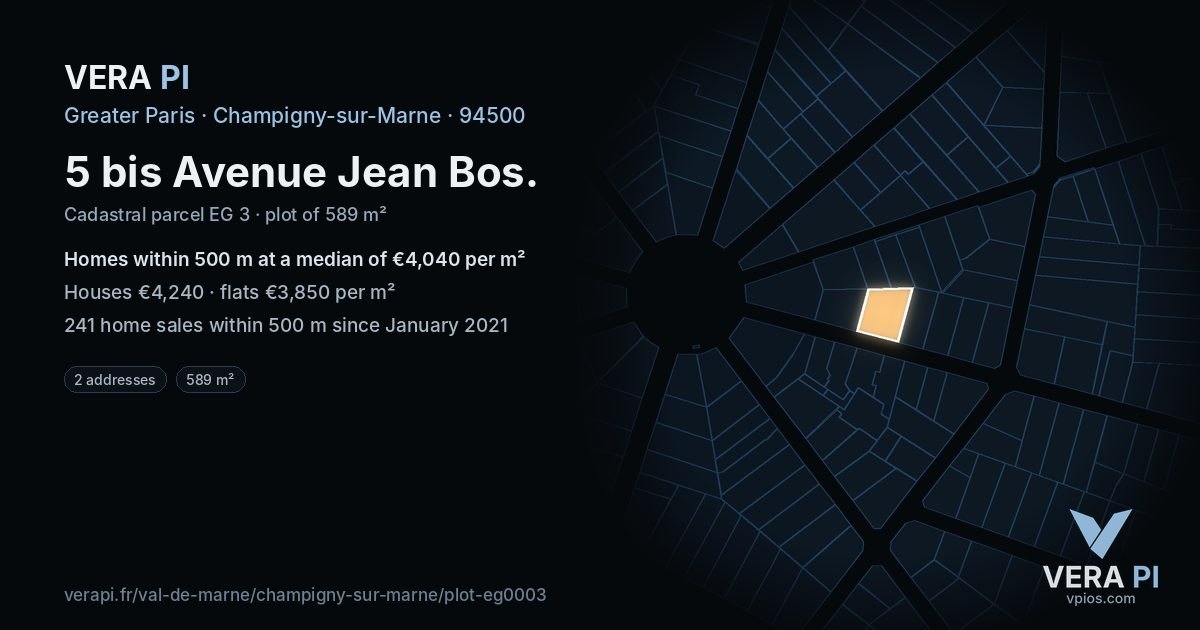 5 bis Avenue Jean Bos, Champigny-sur-Marne at night – the plot lit, the parcels around coloured by the prices near them