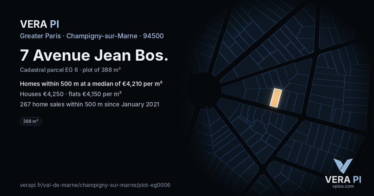 7 Avenue Jean Bos, Champigny-sur-Marne at night – the plot lit, the parcels around coloured by the prices near them