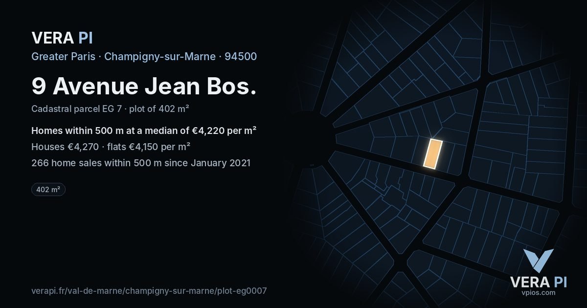 9 Avenue Jean Bos, Champigny-sur-Marne at night – the plot lit, the parcels around coloured by the prices near them