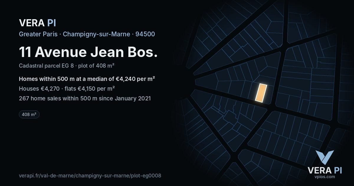 11 Avenue Jean Bos, Champigny-sur-Marne at night – the plot lit, the parcels around coloured by the prices near them