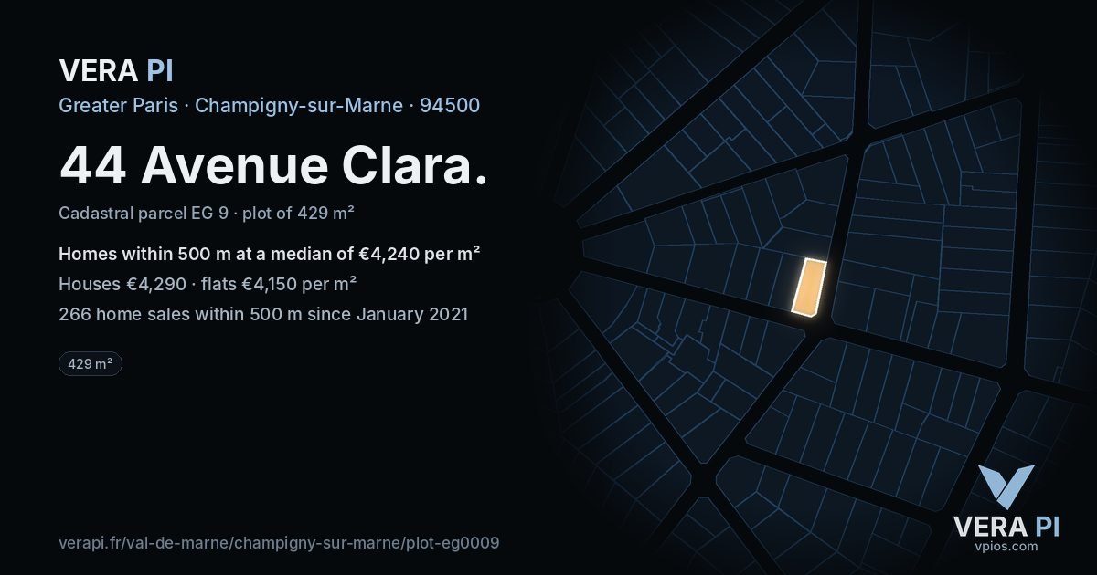44 Avenue Clara, Champigny-sur-Marne at night – the plot lit, the parcels around coloured by the prices near them