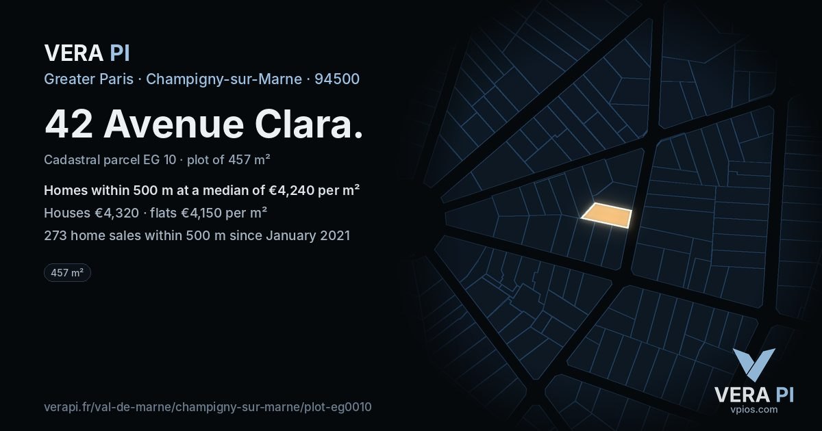 42 Avenue Clara, Champigny-sur-Marne at night – the plot lit, the parcels around coloured by the prices near them