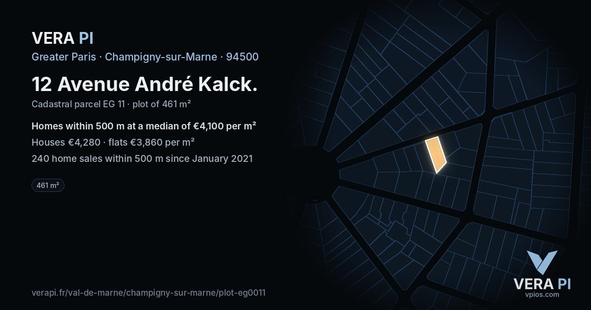 12 Avenue André Kalck, Champigny-sur-Marne at night – the plot lit, the parcels around coloured by the prices near them