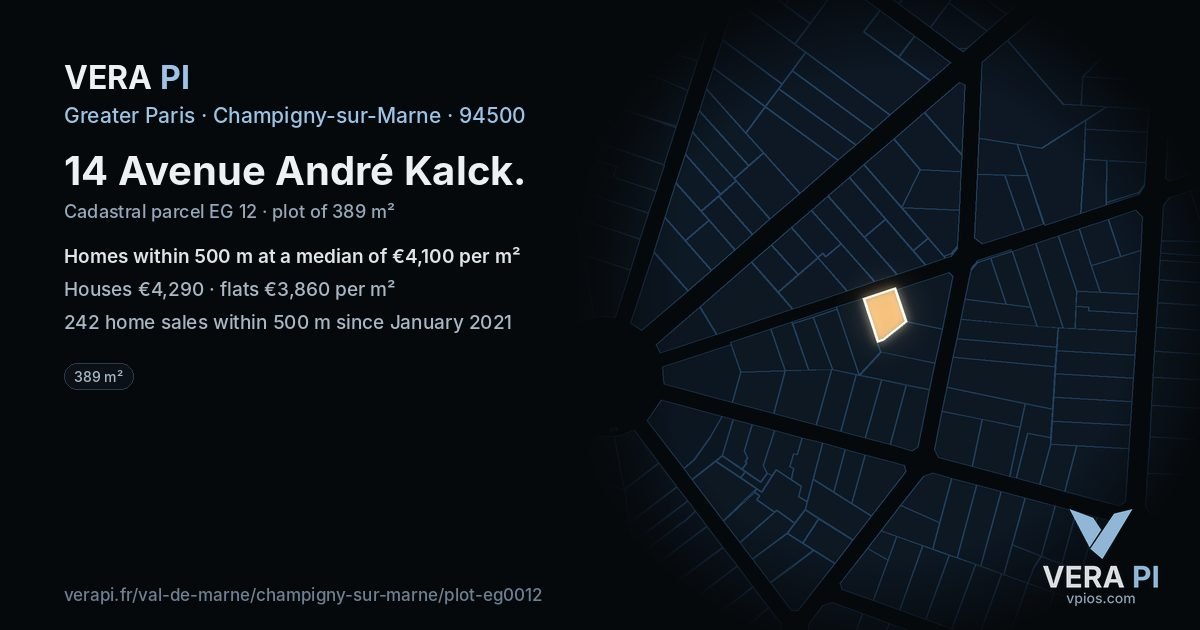 14 Avenue André Kalck, Champigny-sur-Marne at night – the plot lit, the parcels around coloured by the prices near them