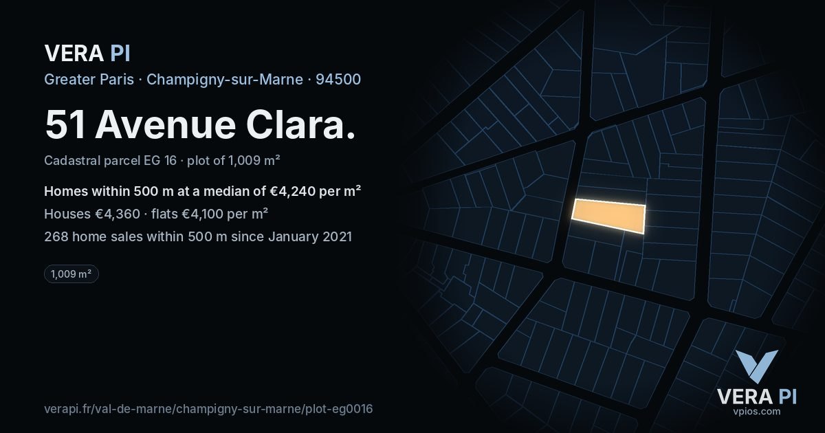 51 Avenue Clara, Champigny-sur-Marne at night – the plot lit, the parcels around coloured by the prices near them