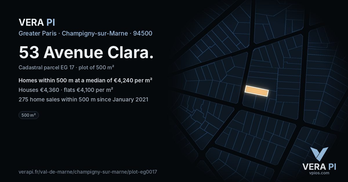 53 Avenue Clara, Champigny-sur-Marne at night – the plot lit, the parcels around coloured by the prices near them