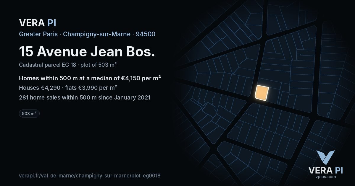 15 Avenue Jean Bos, Champigny-sur-Marne at night – the plot lit, the parcels around coloured by the prices near them