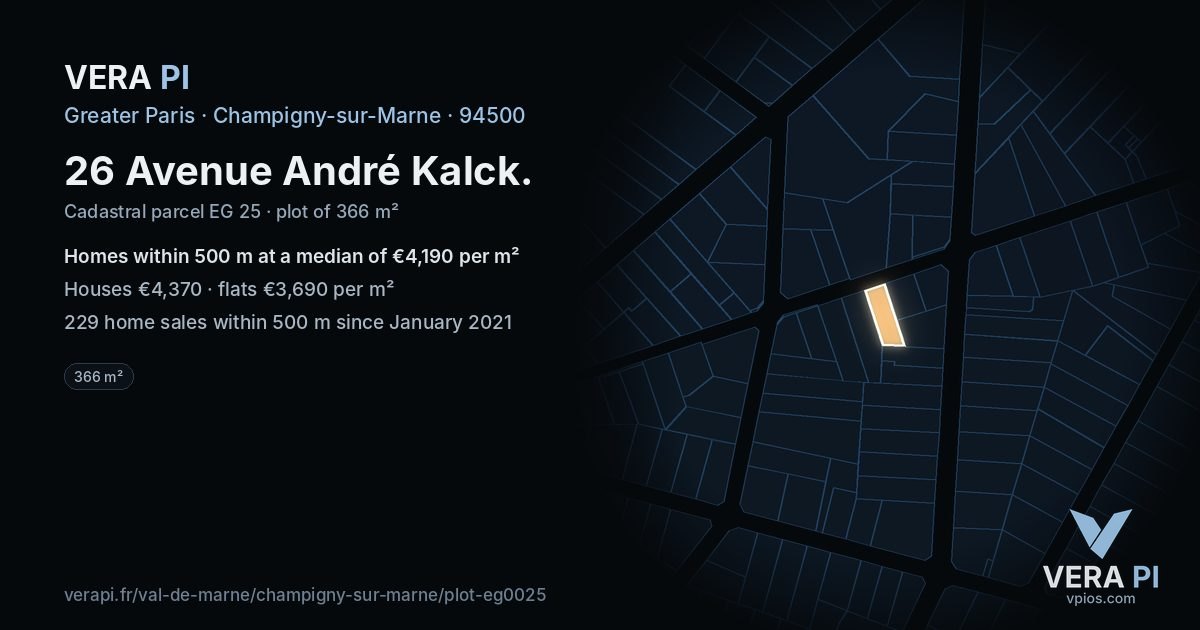 26 Avenue André Kalck, Champigny-sur-Marne at night – the plot lit, the parcels around coloured by the prices near them